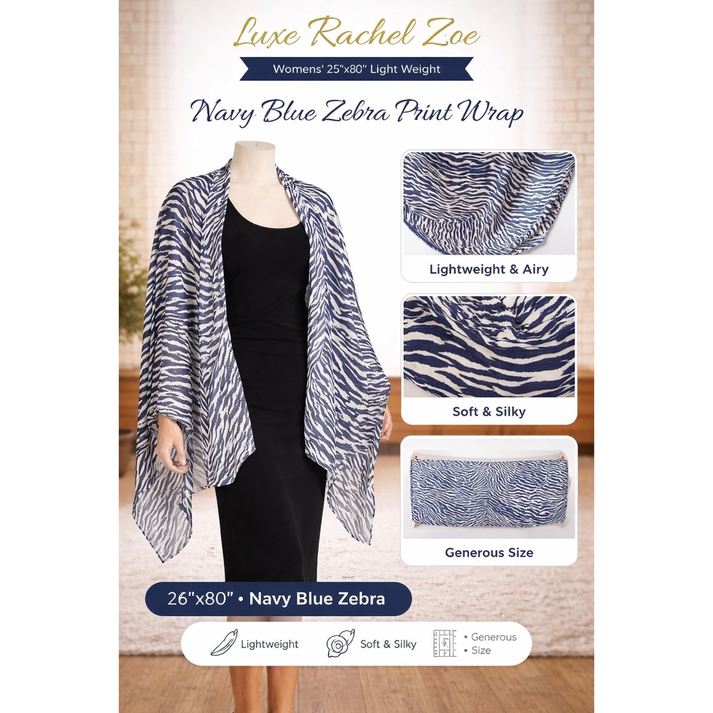 Luxe Rachel Zoe‎ Womens Navy Blue Zebra Print Wrap Scarf 26x80 Lightweight Airy